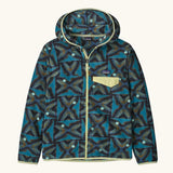 Patagonia Kids' Micro D Snap-T Hooded Fleece Jacket in Deep Freeze: Black. Abstract pattern in shades of dark blue, with lime green binding and a contrasting chest pocket.