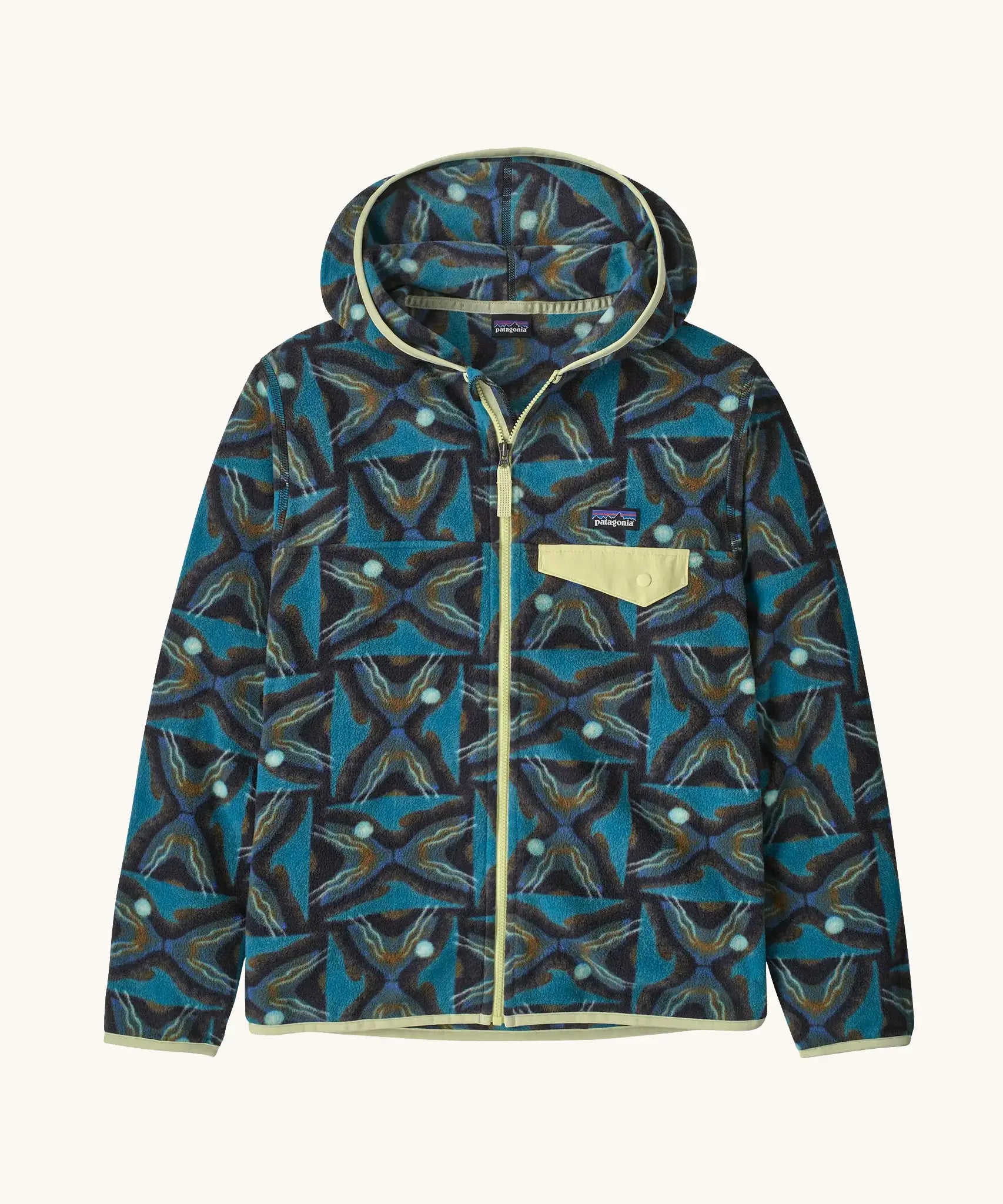 Patagonia Kids' Micro D Snap-T Hooded Fleece Jacket in Deep Freeze: Black. Abstract pattern in shades of dark blue, with lime green binding and a contrasting chest pocket.