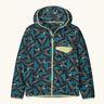 Patagonia Kids' Micro D Snap-T Hooded Fleece Jacket in Deep Freeze: Black. Abstract pattern in shades of dark blue, with lime green binding and a contrasting chest pocket.