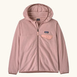 Patagonia Kids' Micro D Snap-T Hooded Fleece Jacket in Fuzzy Mauve. Pastel pink body with soft brown binding and a pink chest pocket.