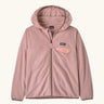 Patagonia Kids' Micro D Snap-T Hooded Fleece Jacket in Fuzzy Mauve. Pastel pink body with soft brown binding and a pink chest pocket.
