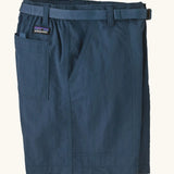 Patagonia kid's outdoor everyday 6 inch shorts in dark blue showing side pocket and belt