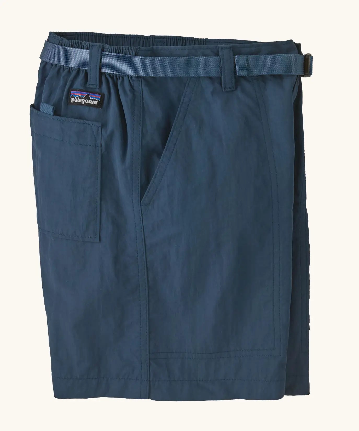 Patagonia kid's outdoor everyday 6 inch shorts in dark blue showing side pocket and belt