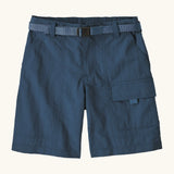 Patagonia kid's outdoor everyday 6 inch shorts in dark blue quick release buckle belt.