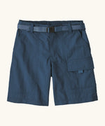 Patagonia kid's outdoor everyday 6 inch shorts in dark blue quick release buckle belt.