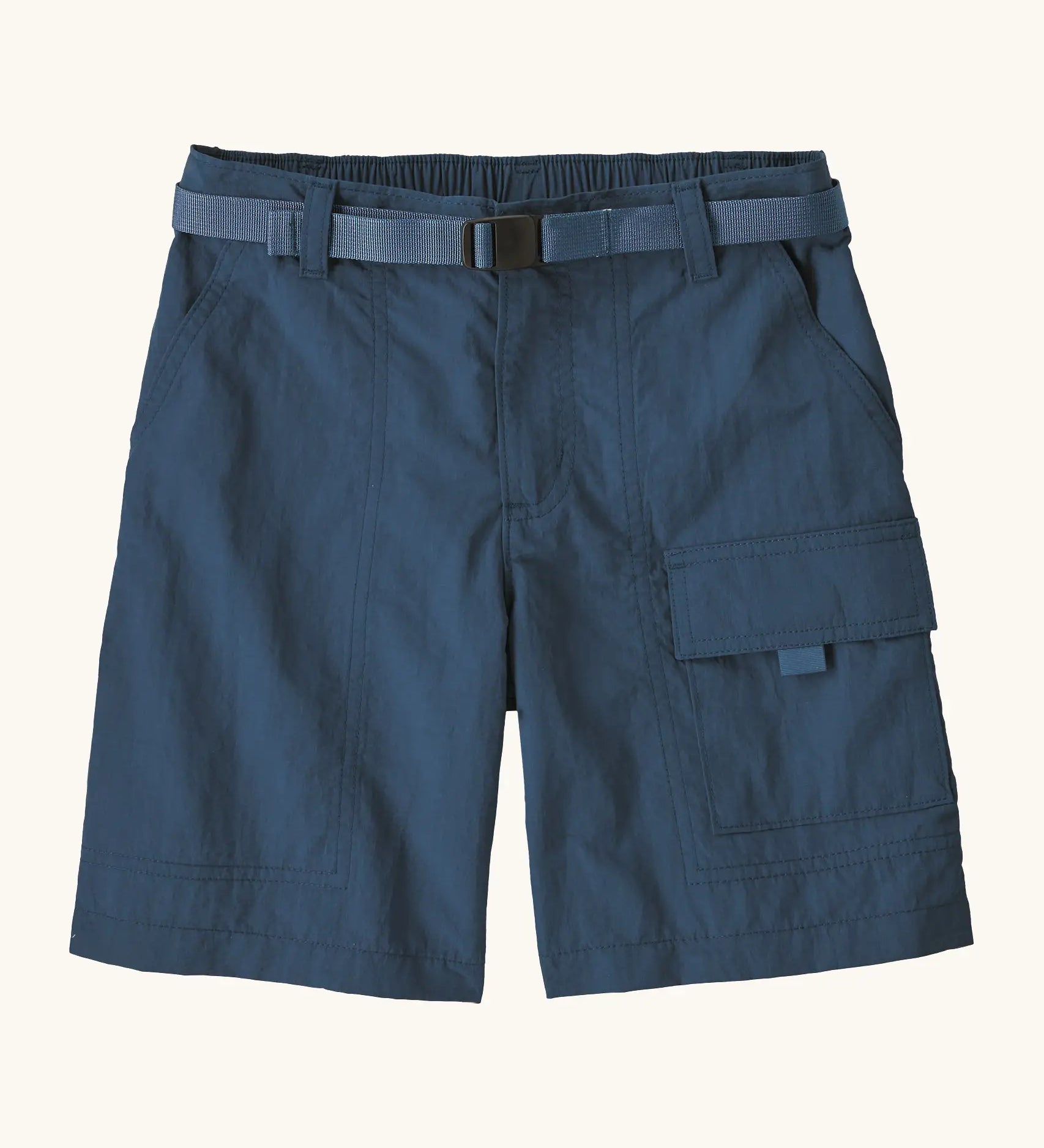 Patagonia kid's outdoor everyday 6 inch shorts in dark blue quick release buckle belt.