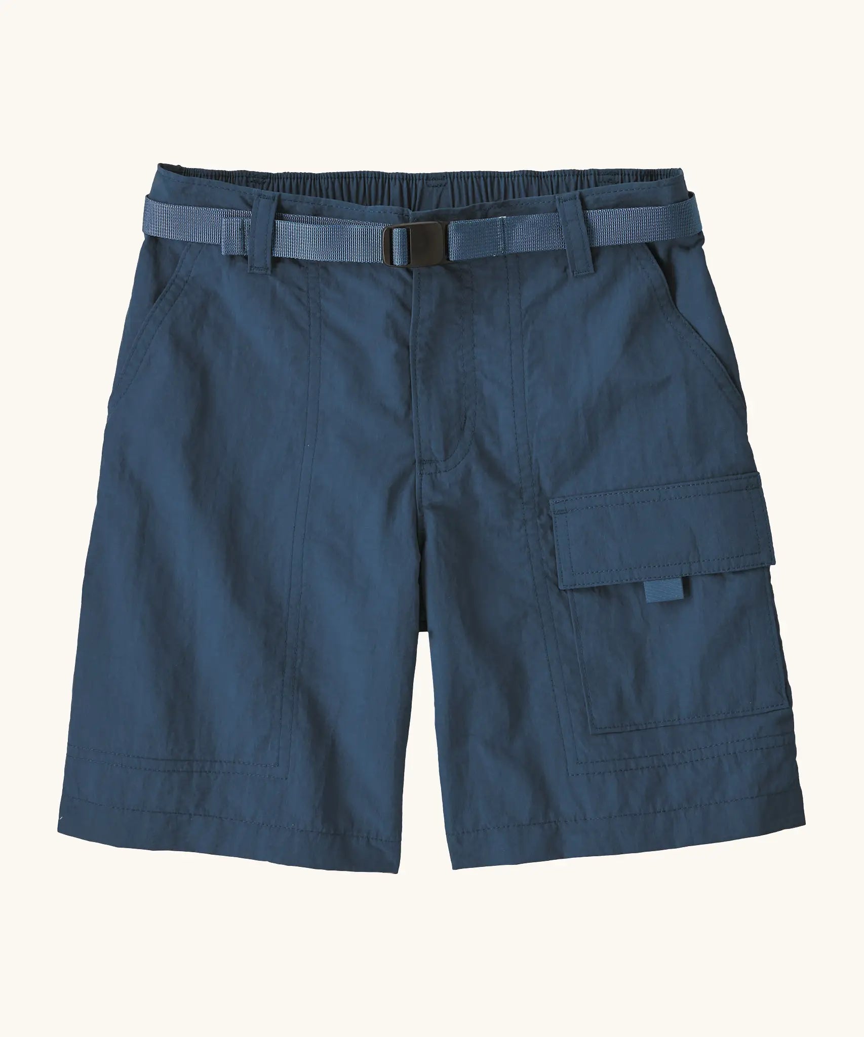 Patagonia kid's outdoor everyday 6 inch shorts in dark blue quick release buckle belt.