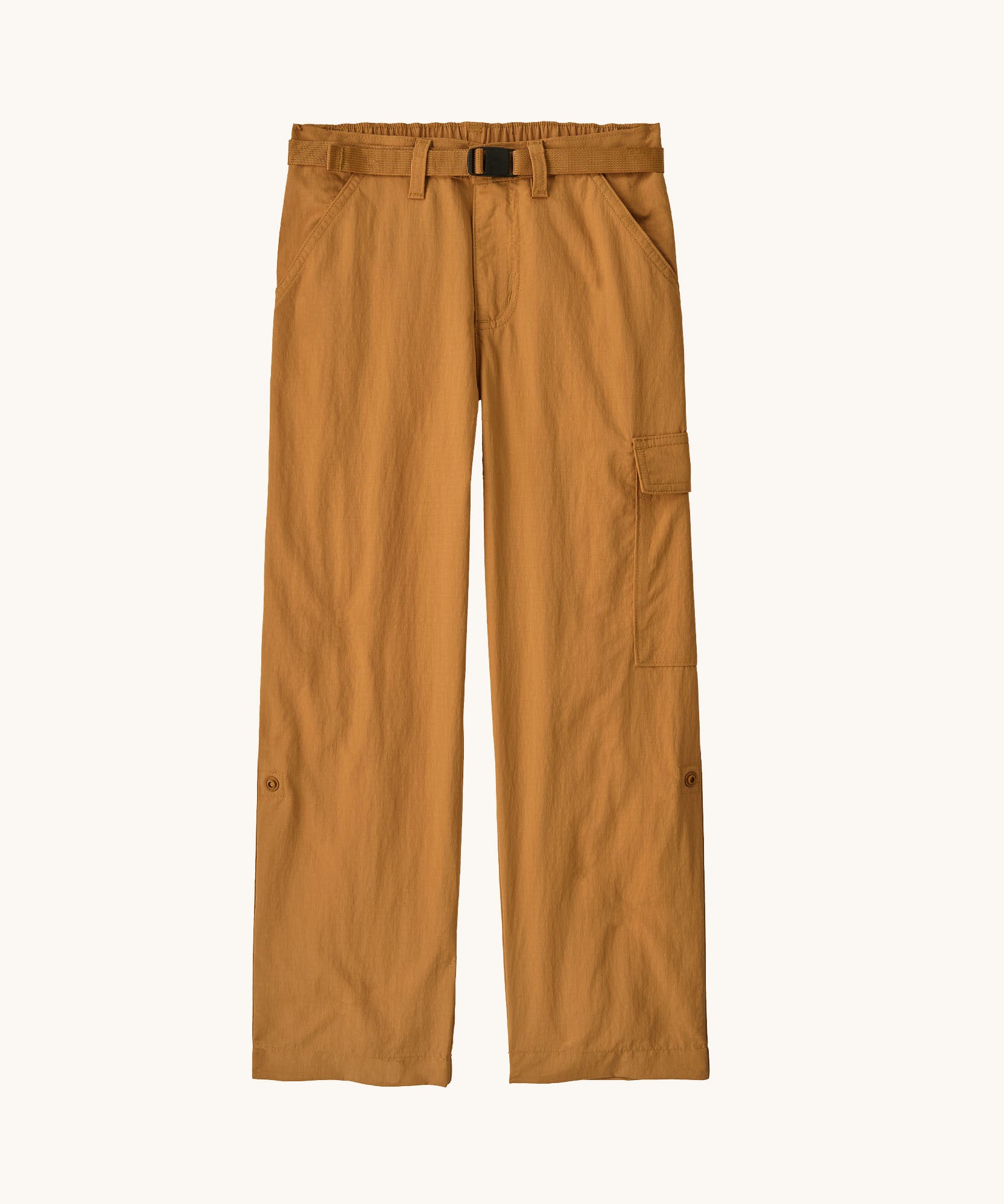 Patagonia kids outdoor everyday pants in talon gold available at Babipur. A 100% recycled nylon ripstop cargo style trouser in dark yellow. Features a matching belt for a secure fit