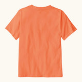 Back of Patagonia organic cotton kids p6 logo short sleeve t-shirt in orange. T-shirt has a relaxed classic crew fit