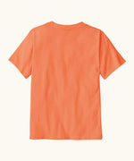 Back of Patagonia organic cotton kids p6 logo short sleeve t-shirt in orange. T-shirt has a relaxed classic crew fit