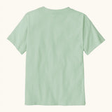 Back of Patagonia organic cotton kids p6 logo short sleeve t-shirt in mint green. T-shirt has a relaxed classic crew fit