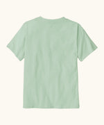 Back of Patagonia organic cotton kids p6 logo short sleeve t-shirt in mint green. T-shirt has a relaxed classic crew fit