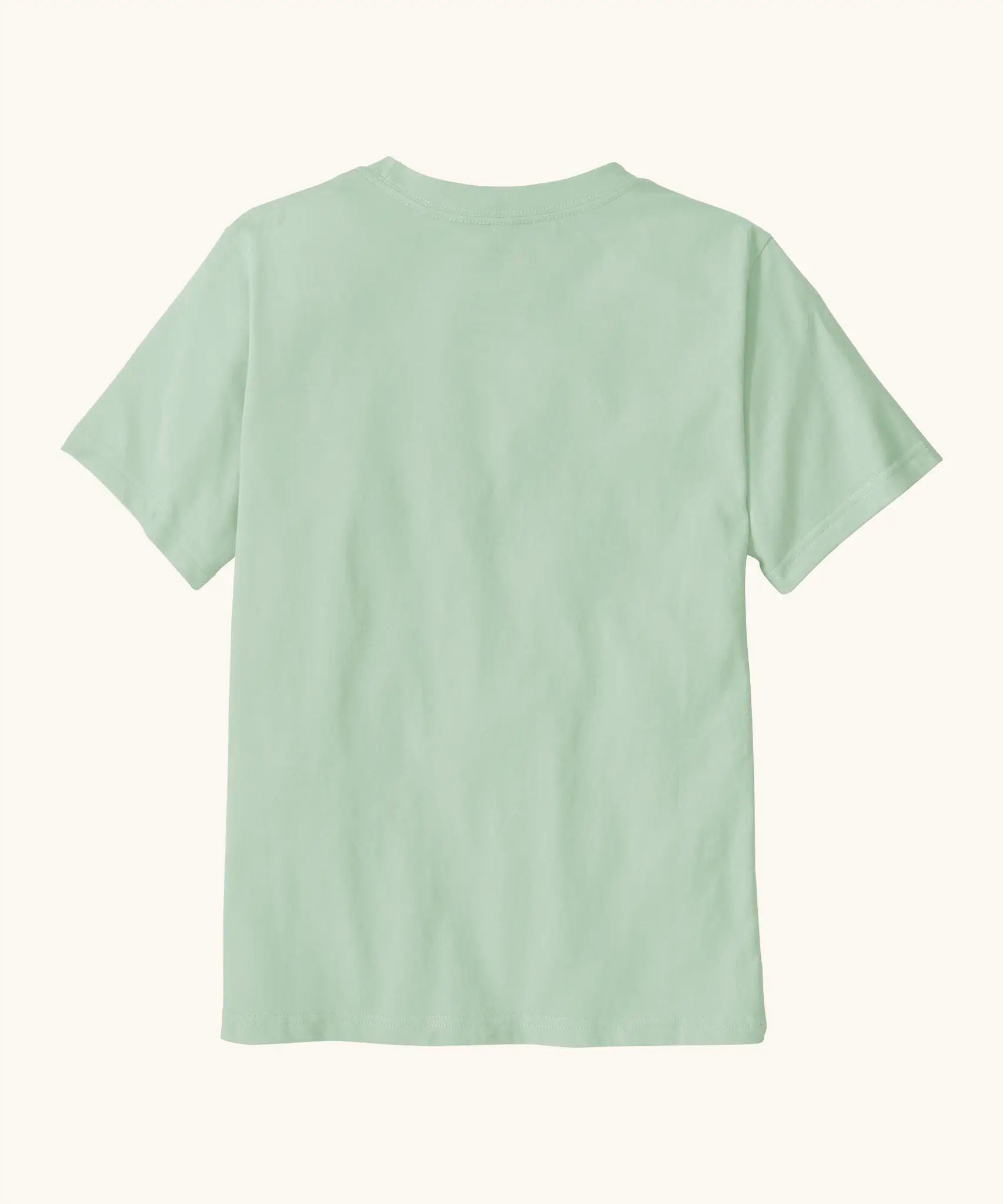 Back of Patagonia organic cotton kids p6 logo short sleeve t-shirt in mint green. T-shirt has a relaxed classic crew fit