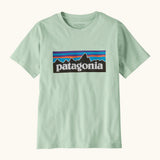 Patagonia organic cotton kids p6 logo short sleeve t-shirt in mint green with large brand patch on upper body