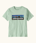 Patagonia organic cotton kids p6 logo short sleeve t-shirt in mint green with large brand patch on upper body