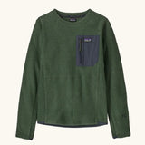 Patagonia kids R1 Air Crew in Canopy green. Forest green ribbed body with dark grey binding and square chest zip pocket, and thumb holes.