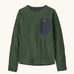 Patagonia kids R1 Air Crew in Canopy green. Forest green ribbed body with dark grey binding and square chest zip pocket, and thumb holes.