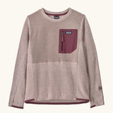 Patagonia Kids R1 Air Crew in pink frost. Pale pink ribbed body with contrasting maroon binding and square chest zip pocket, and thumb holes.