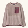 Patagonia Kids R1 Air Crew in pink frost. Pale pink ribbed body with contrasting maroon binding and square chest zip pocket, and thumb holes.