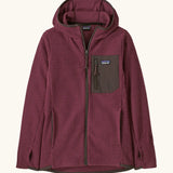 Patagonia Kids’ R1 Air Full-Zip Hoody in maroon. Deep purple ribbed body with dark grey binding and square chest pocket, with thumb holes.
