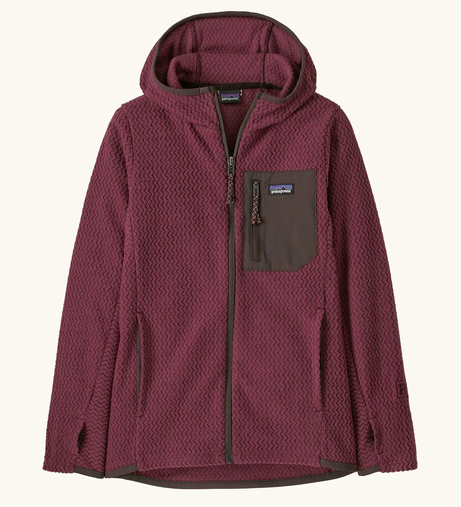 Patagonia Kids’ R1 Air Full-Zip Hoody in maroon. Deep purple ribbed body with dark grey binding and square chest pocket, with thumb holes.