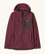 Patagonia Kids’ R1 Air Full-Zip Hoody in maroon. Deep purple ribbed body with dark grey binding and square chest pocket, with thumb holes.