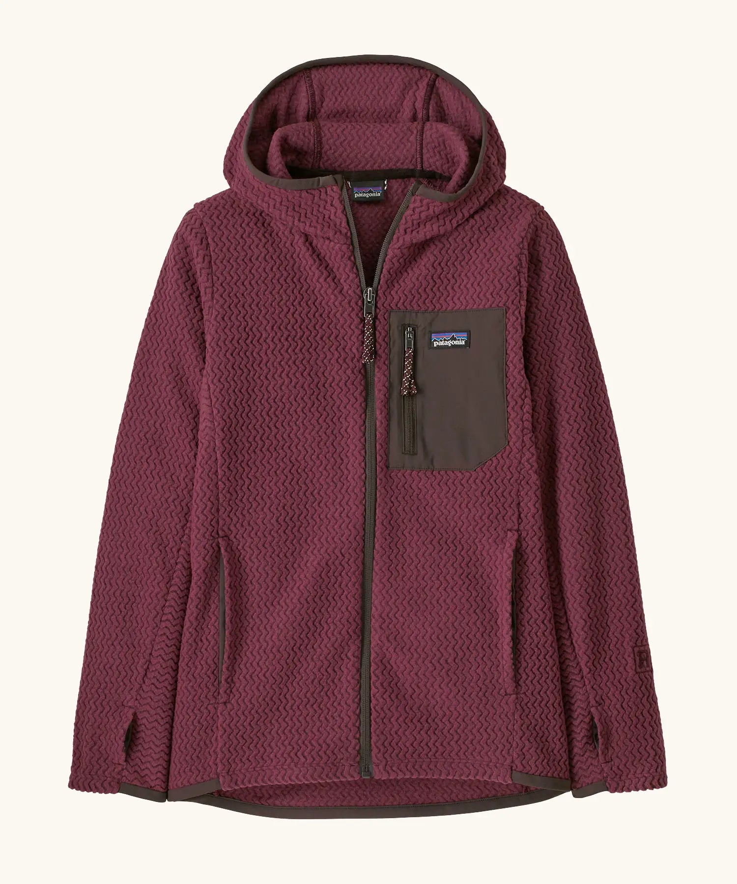 Patagonia Kids’ R1 Air Full-Zip Hoody in maroon. Deep purple ribbed body with dark grey binding and square chest pocket, with thumb holes.
