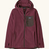 Patagonia Kids’ R1 Air Full-Zip Hoody in maroon. Deep purple ribbed body with dark grey binding and square chest pocket, with thumb holes.