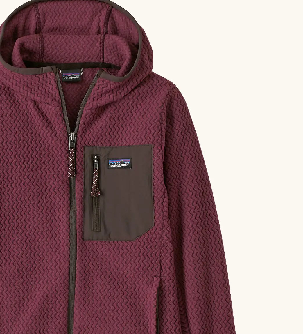 Patagonia Kids’ R1 Air Full-Zip Hoody in maroon showing close up of chest pocket and full front zip detail