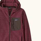 Patagonia Kids’ R1 Air Full-Zip Hoody in maroon showing close up of chest pocket and full front zip detail