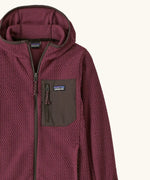 Patagonia Kids’ R1 Air Full-Zip Hoody in maroon showing close up of chest pocket and full front zip detail