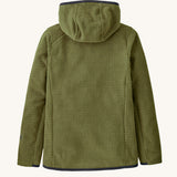 Back of Patagonia high performance kids R1 air hoody in green. Shows the hood down