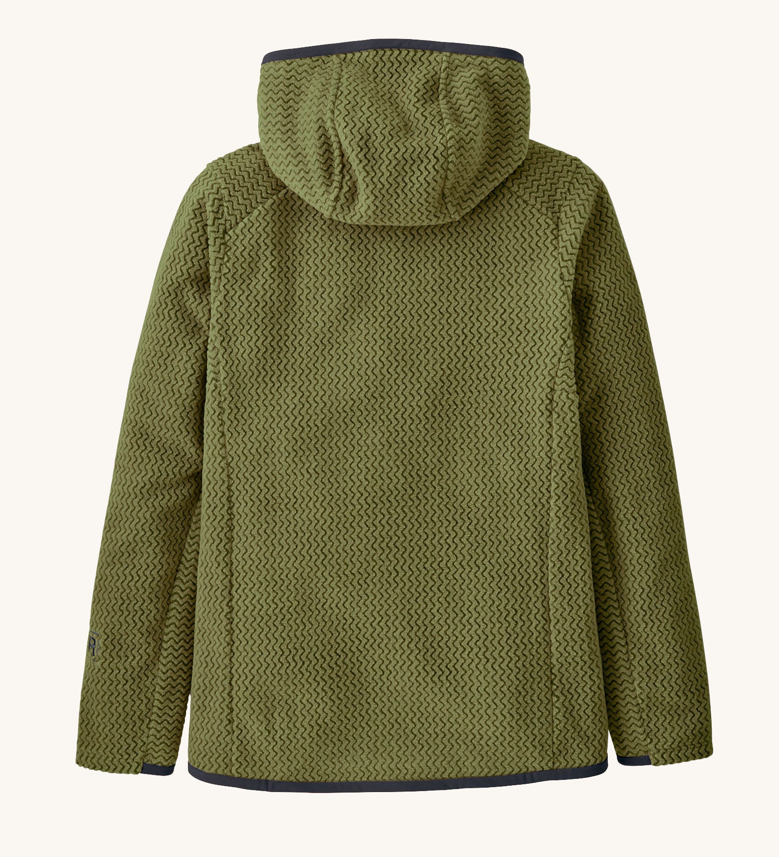 Back of Patagonia high performance kids R1 air hoody in green. Shows the hood down