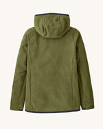 Back of Patagonia high performance kids R1 air hoody in green. Shows the hood down