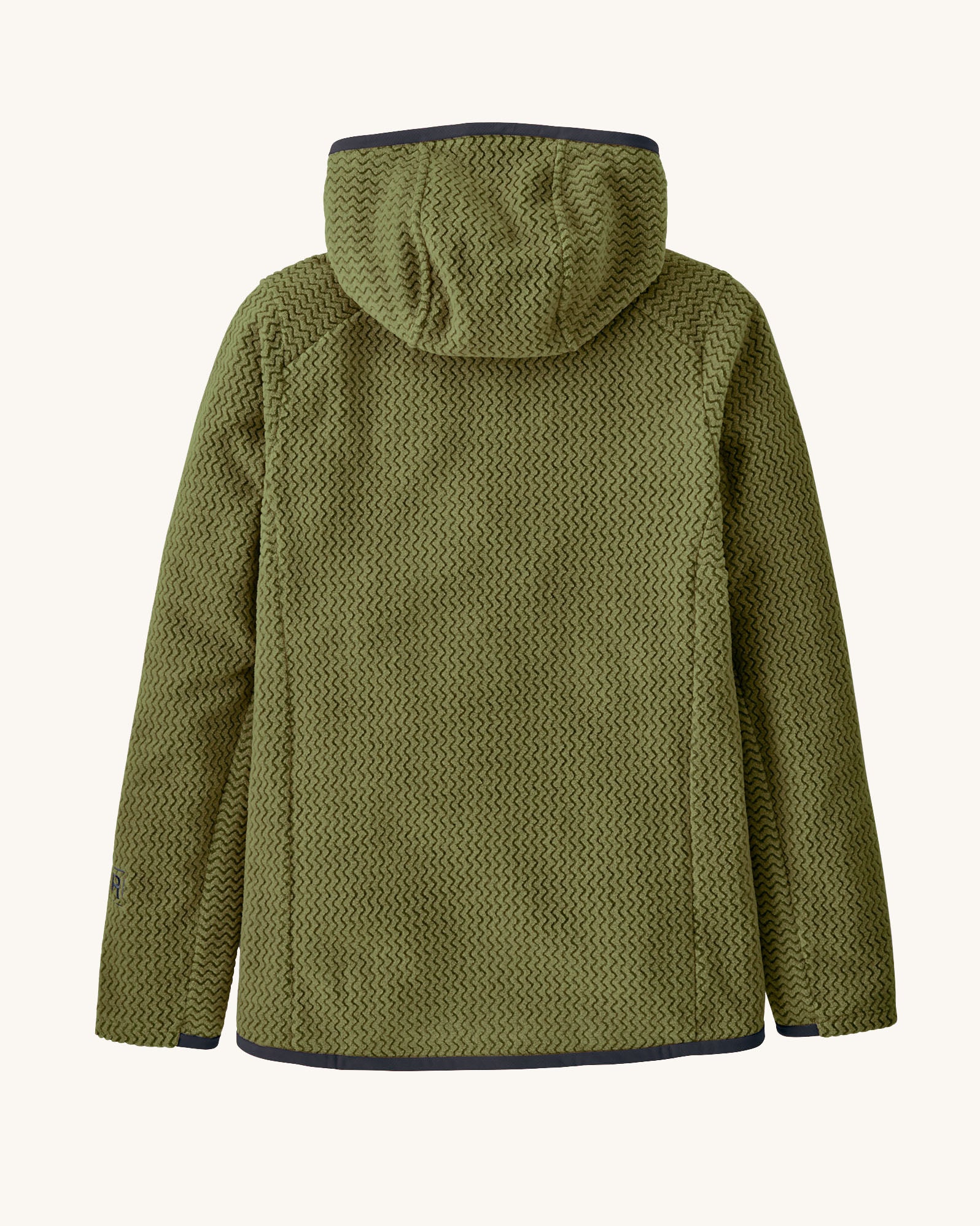 Back of Patagonia high performance kids R1 air hoody in green. Shows the hood down