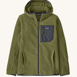 Patagonia high performance kids R1 air hoody in green. Shows full length zip, thumb hole, side and chest pockets