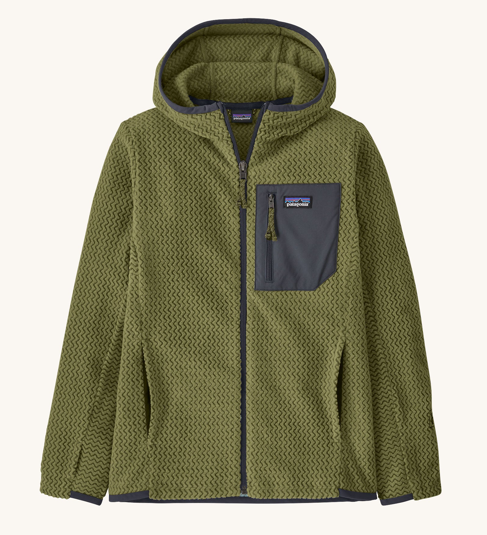 Patagonia high performance kids R1 air hoody in green. Shows full length zip, thumb hole, side and chest pockets