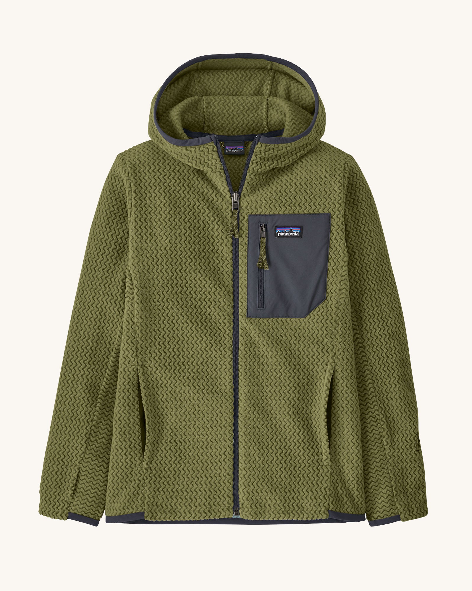 Patagonia high performance kids R1 air hoody in green. Shows full length zip, thumb hole, side and chest pockets