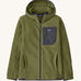 Patagonia high performance kids R1 air hoody in green. Shows full length zip, thumb hole, side and chest pockets