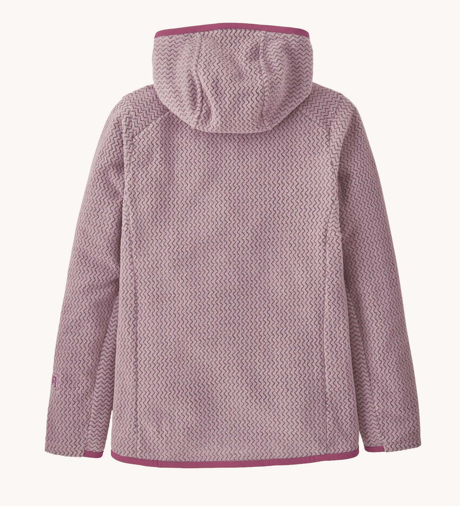 Back of Patagonia high performance kids R1 air hoody in light purple. Shows the hood down