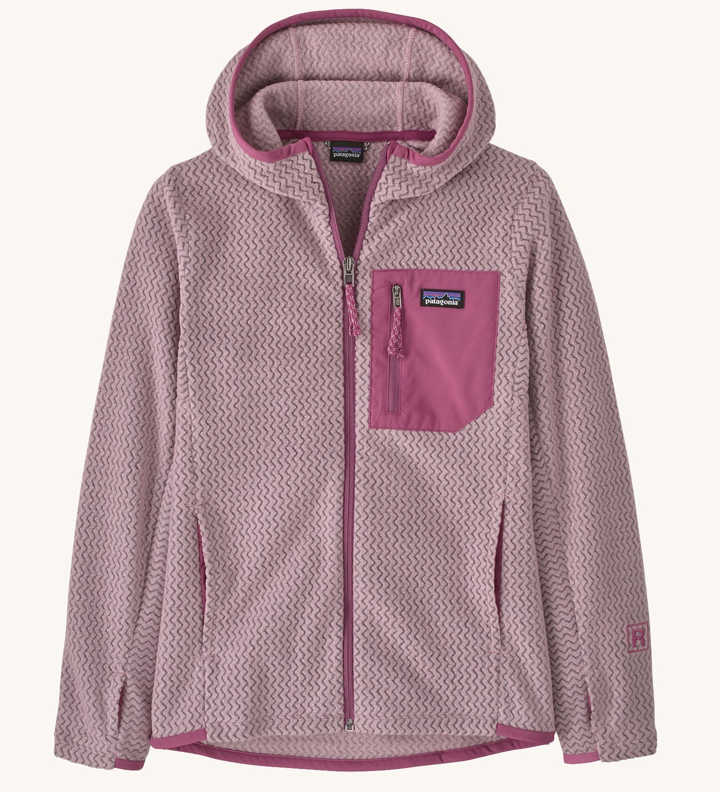 Patagonia high performance kids R1 air hoody in light purple. Shows full length zip, thumb hole, side and chest pockets