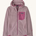 Patagonia high performance kids R1 air hoody in light purple. Shows full length zip, thumb hole, side and chest pockets