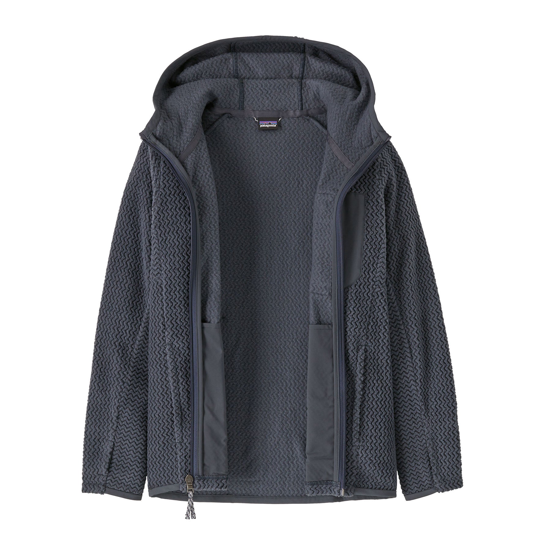 Patagonia kids R1 air full zip hoody in smolder blue available at Babipur showing the inside detail