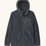 Patagonia high performance kids R1 air hoody in navy blue. Shows hood configuration