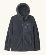 Patagonia high performance kids R1 air hoody in navy blue. Shows hood configuration