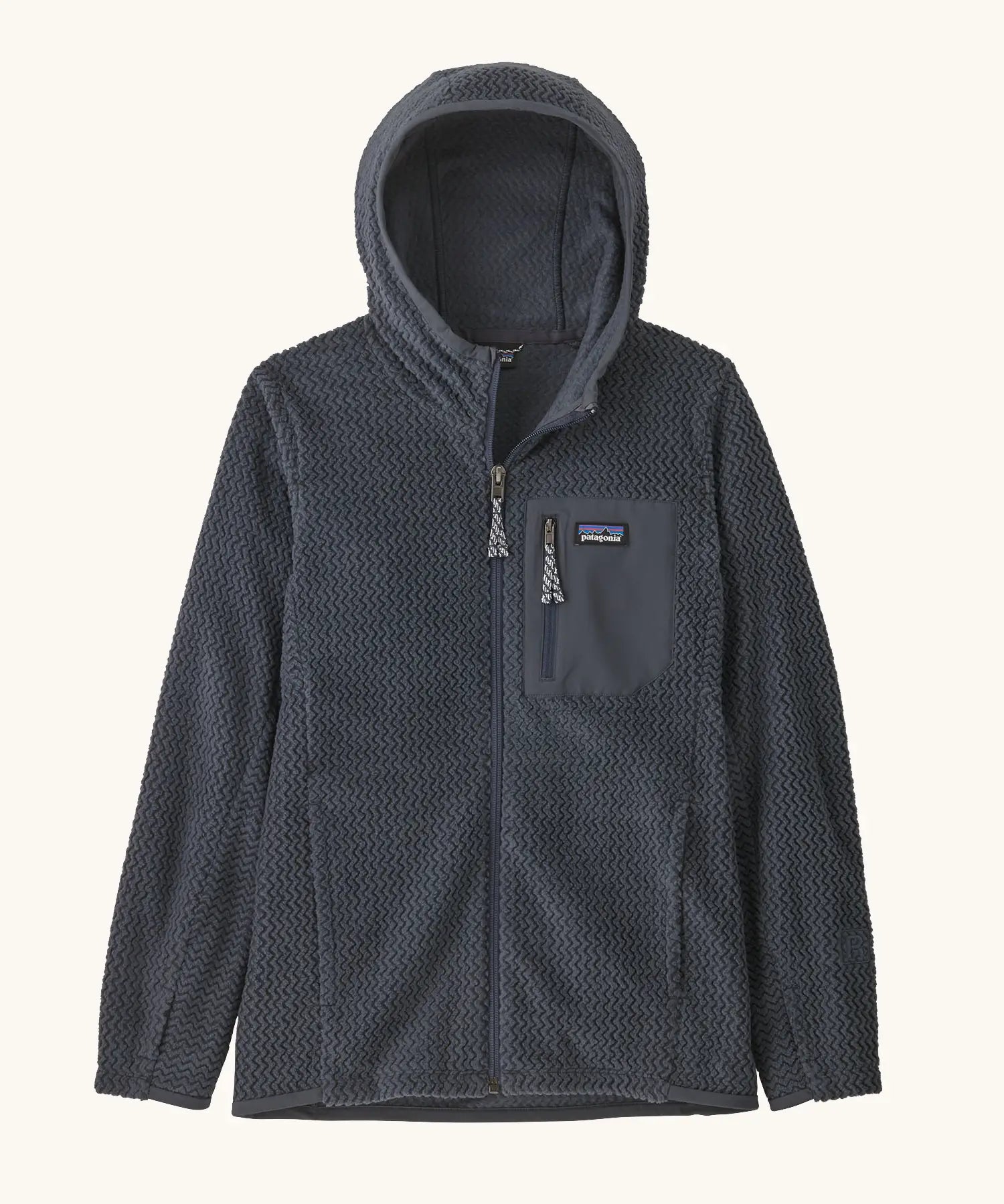 Patagonia high performance kids R1 air hoody in navy blue. Shows hood configuration
