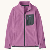 Patagonia air full zip jacket in vibrant purple colour. A kids technical style jacket with full zip detail, a contrast grey chest pocket with the logo patch stitched on and 2 side pockets
