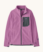 Patagonia air full zip jacket in vibrant purple colour. A kids technical style jacket with full zip detail, a contrast grey chest pocket with the logo patch stitched on and 2 side pockets