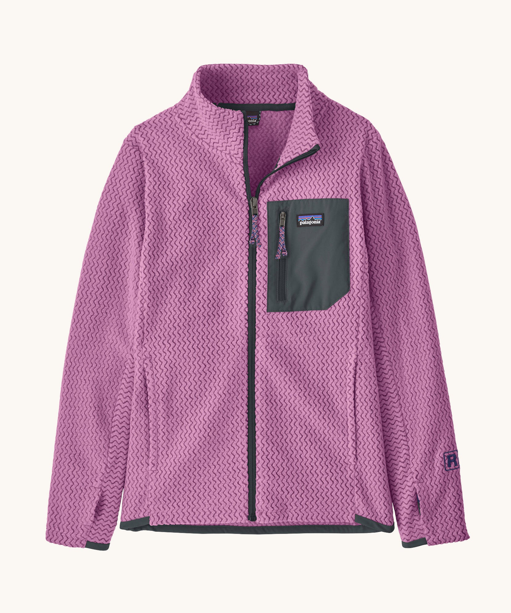 Patagonia air full zip jacket in vibrant purple colour. A kids technical style jacket with full zip detail, a contrast grey chest pocket with the logo patch stitched on and 2 side pockets