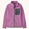 Patagonia air full zip jacket in vibrant purple colour. A kids technical style jacket with full zip detail, a contrast grey chest pocket with the logo patch stitched on and 2 side pockets